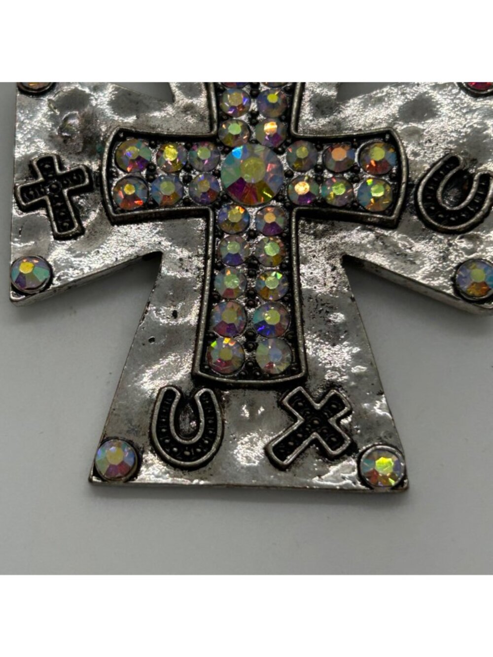 Silvertone Cross Pendant Pearl Enhancer Arurora Borealis Horseshoe Southwestern - Picture 7 of 14